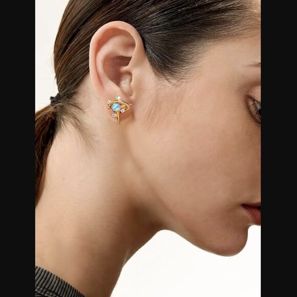 Opalite Sky Moissanite Star Earrings 925 Sterling Silver Gold Plated Studs NWT - Picture 4 of 7